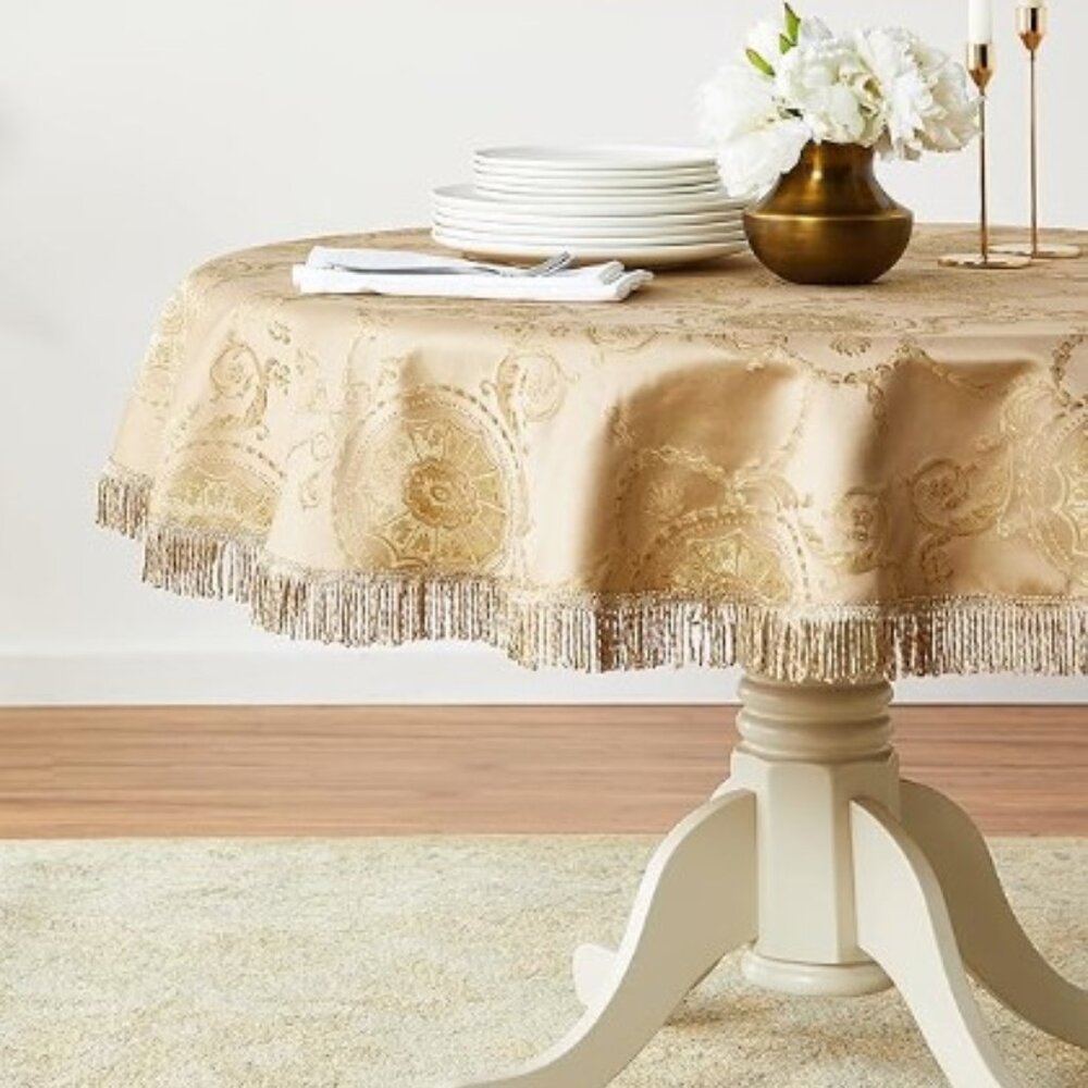 Victorian Gold Brocade Round Tablecloth 60" Cinderella Wedding